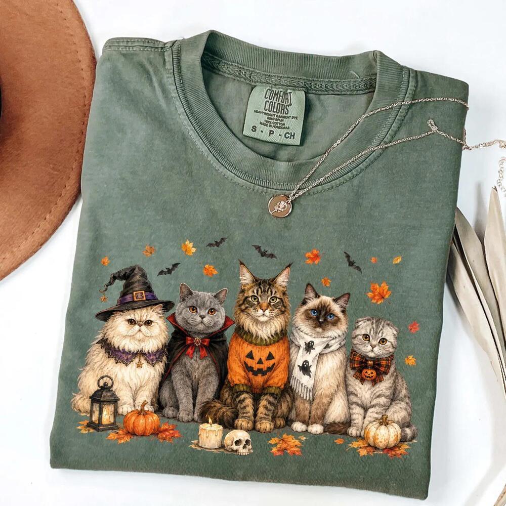 Halloween Cat T-Shirt, Cute Spooky Cats Shirt, Fall Cat Lover Gift